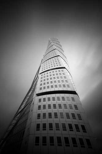 A long exposure shot of the Turning Torso building in Malmoe, Sweden