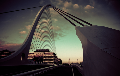 Dublin's Samuel Beckett Bridge crosses the River Liffey. Designed by Santiago Caltrava it is fast becoming one of the most recognised(and photographed) landmarks in Dublin today. With this shot i have tried to look at it from a different angle and in a different way focusing on lines and distorting colour.