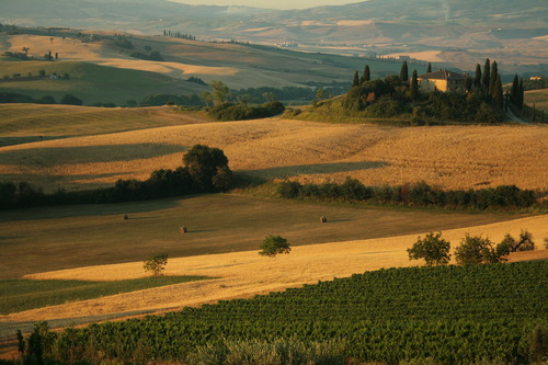The Val d’Orcia, or Valdorcia, is a region of Tuscany, central Italy, which extends from the hills south of Siena to Monte Amiata. It is characterised by gentle, carefully cultivated hills occasionally broken by gullies and by picturesque towns and villages such as Pienza (rebuilt as an “ideal town” in the 15th century under the patronage of Pope Pius II), Radicofani (home to the notorious brigand-hero Ghino di Tacco) and Montalcino (the Brunello di Montalcino is counted among the most prestigious of Italian wines). It is a landscape which has become familiar through its depiction in works of art from the Renaissance painting to the modern photograph.
In 2004 the Val d’Orcia was added to the UNESCO list of World Heritage Sites
