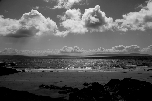 Black and white photograph taken from Salthill Promenade looking out over Galway Bay.
