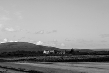 Black and white photograph looking out towards The Burren in County Clare.